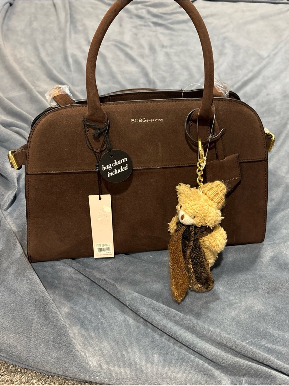 BCBGeneration Brown Suede Dome Satchel with Teddy Charm